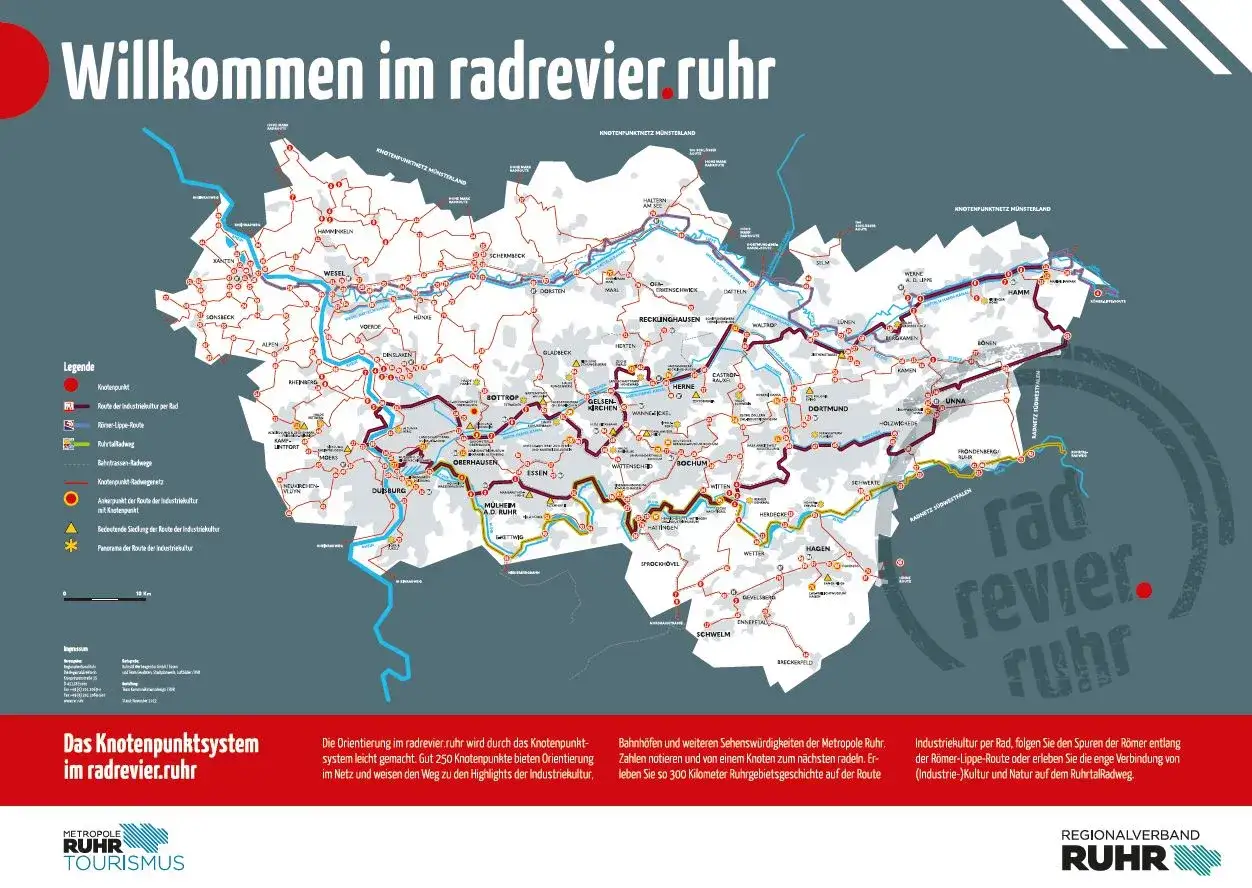 Karte des radrevier ruhr mit Radwegen, Knotenpunkten und Sehensw&uuml;rdigkeiten der Industriekultur.