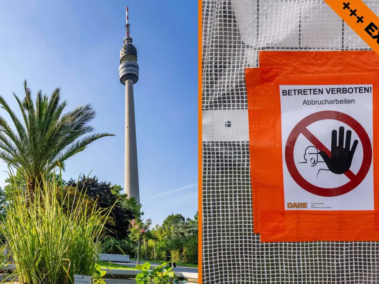 Fernsehturm in Dortmund, umgeben von Gr&uuml;n. Daneben ein Warnschild: 
