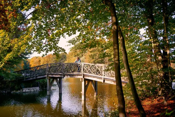 Herbstliche Brücke über den See im Bagno Steinfurt, eine Person lehnt am Geländer.